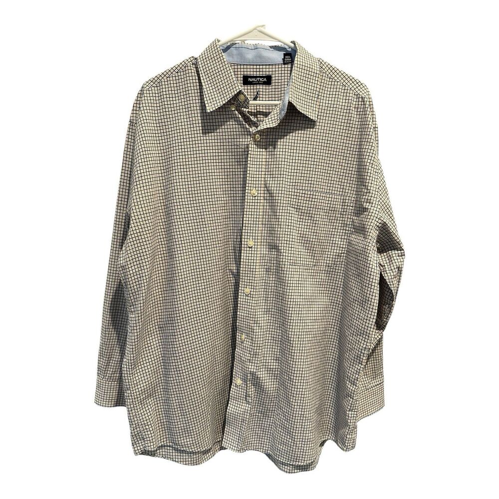 Nautica Mens Button Down Shirt Size 17 32/33 Blue Gold Plaid LS Classic Fit